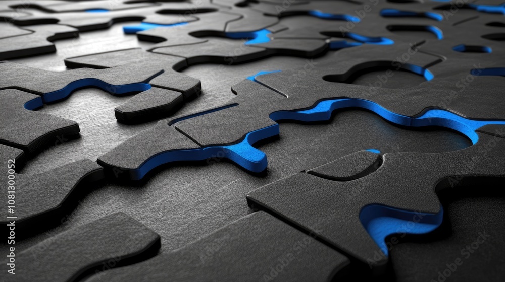Poster abstract puzzle background with black and blue elements, showing interlocking pieces on a textured s