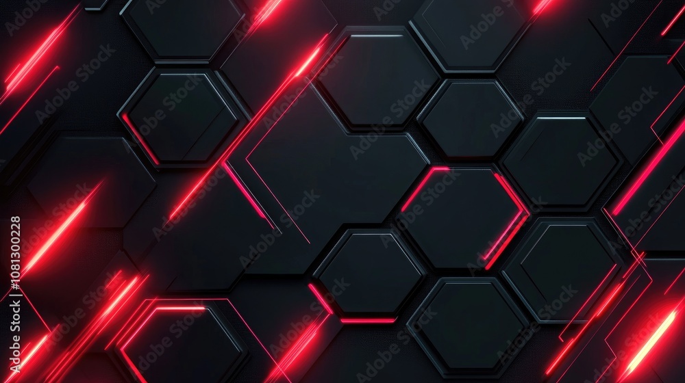 Poster abstract modern graphic design featuring hexagonal shapes and dynamic red light streaks over a dark 