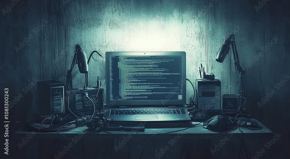 Poster A laptop with code on the screen sits on a desk in a dimly lit room. The desk is cluttered with various electronics and wires