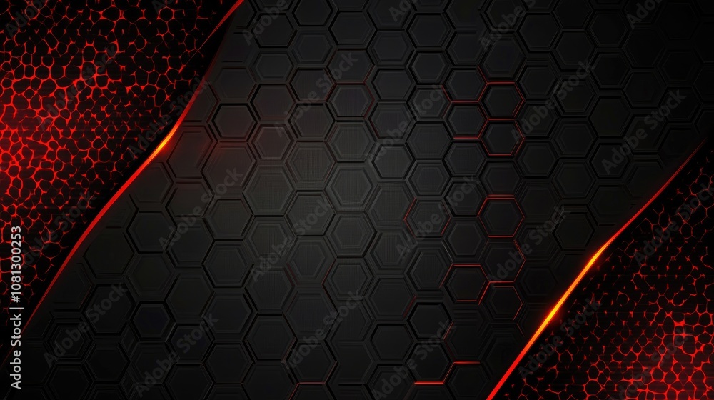 Poster abstract design featuring hexagonal patterns with a dark texture, illuminated with vibrant red accen