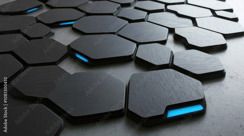 Poster modern black hexagonal tiles with subtle blue lighting on a textured surface creating an innovative 
