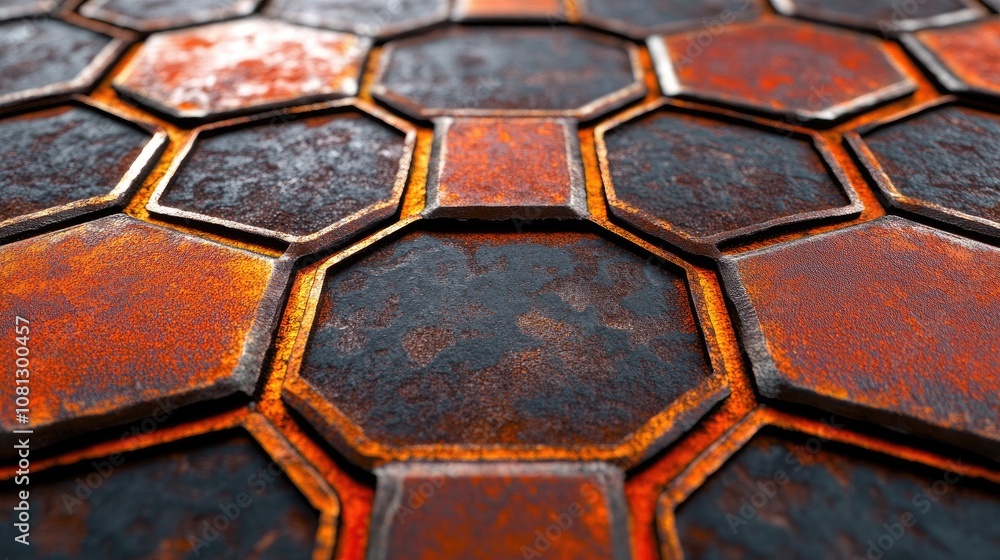 Poster close-up view of old hexagon tiles with rusty texture and vibrant colors, ideal for industrial desig