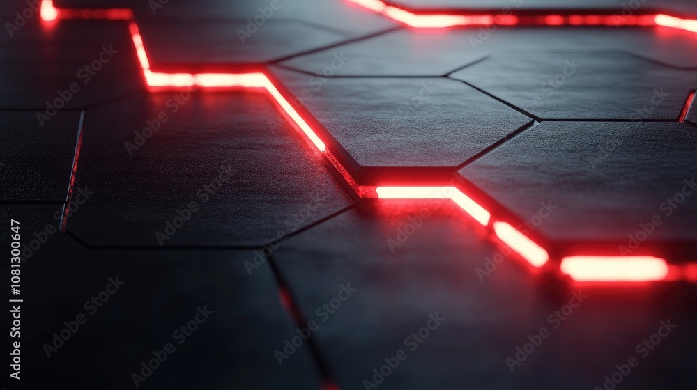 Aufkleber futuristic hexagonal tiles with glowing red lines, showcasing a modern high-tech surface design idea