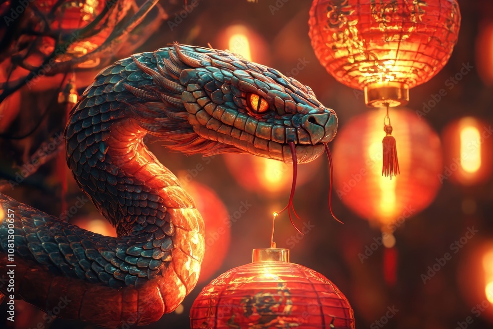 Poster a green and red snake with glowing eyes is coiled around a branch, with red lanterns illuminated beh