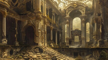 Obraz premium An abandoned grand hall showcasing decaying architecture and overgrown nature, evoking a sense of lost grandeur.