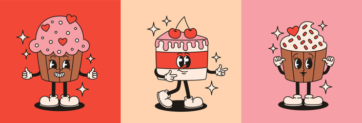 Set of groovy sweets characters. Cake, cupcakes. flat vector illustration.