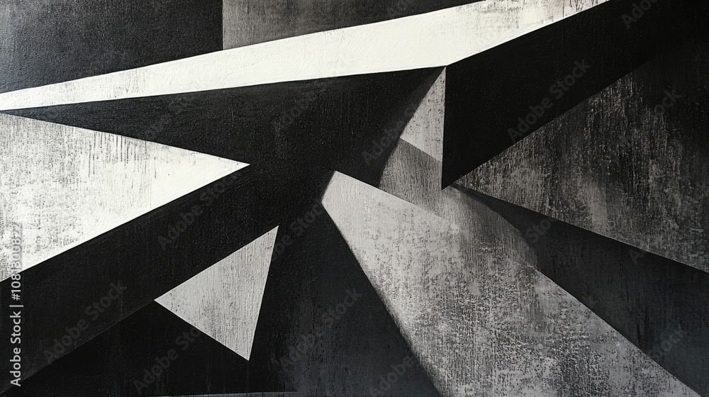 Poster abstract black and white geometric composition with sharp angular shapes and varying textures creati