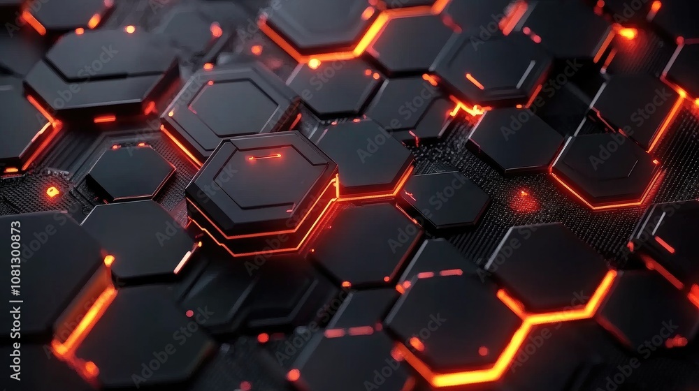 Poster abstract hexagonal pattern with glowing orange lines and dark surfaces, creating a futuristic techno