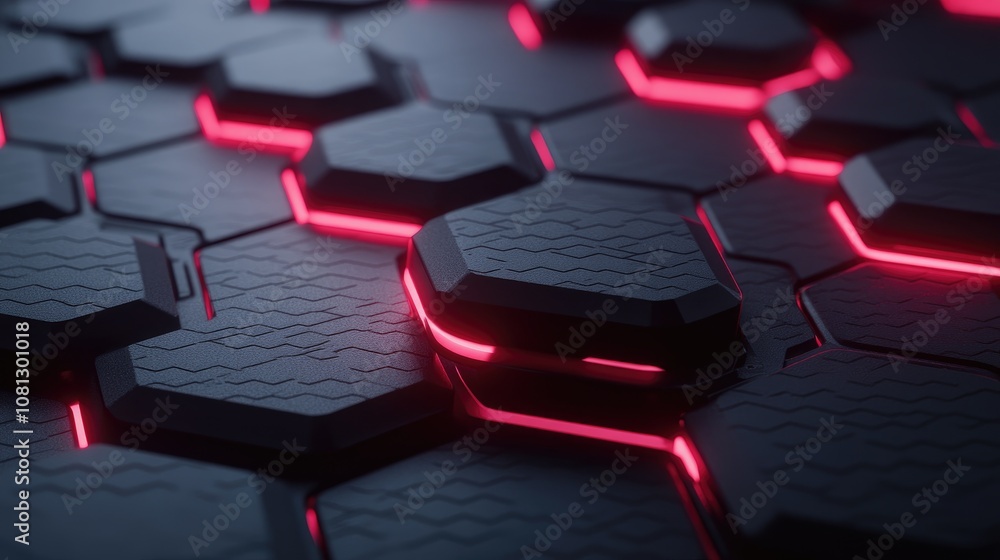 Poster futuristic hexagonal landscape with glossy black surface and neon pink illuminated edges, high-tech 