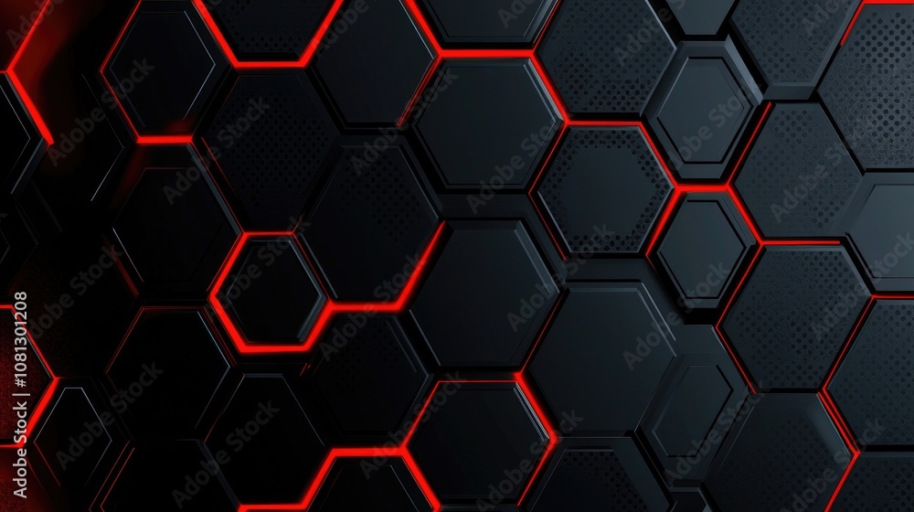 Poster abstract hexagonal pattern with glossy black surface and striking red accents, ideal for technology,
