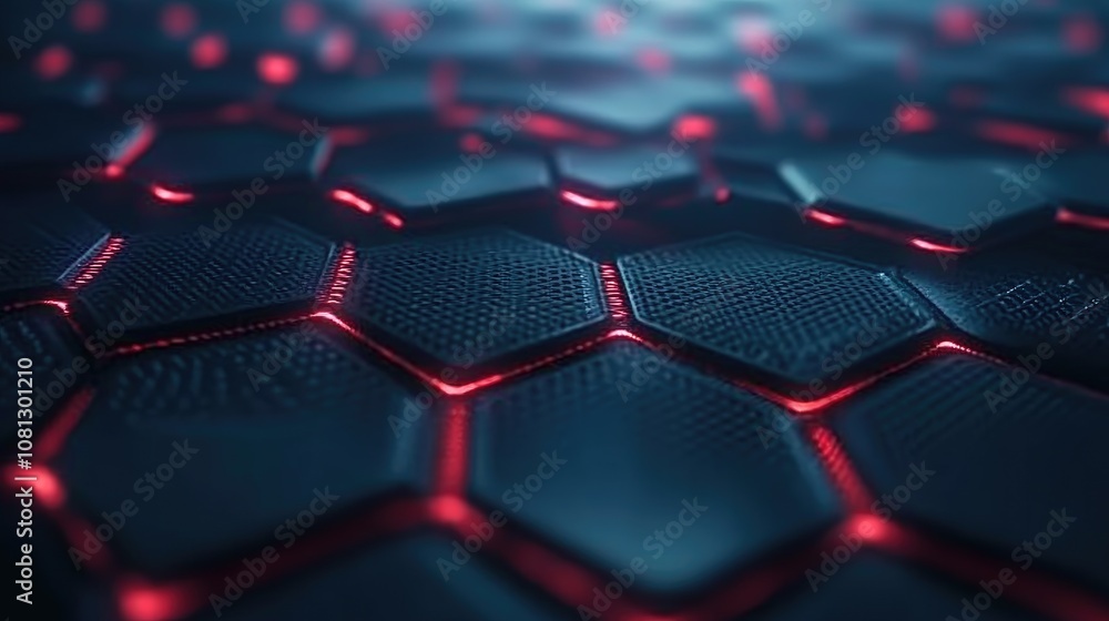 Poster abstract background of hexagonal patterns with subtle texture and glowing red light highlights, crea