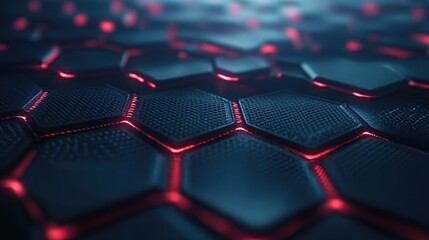 Abstract Background of Hexagonal Patterns with Subtle Texture and Glowing Red Light Highlights, Creating a Futuristic and Dynamic Atmosphere for Digital Art