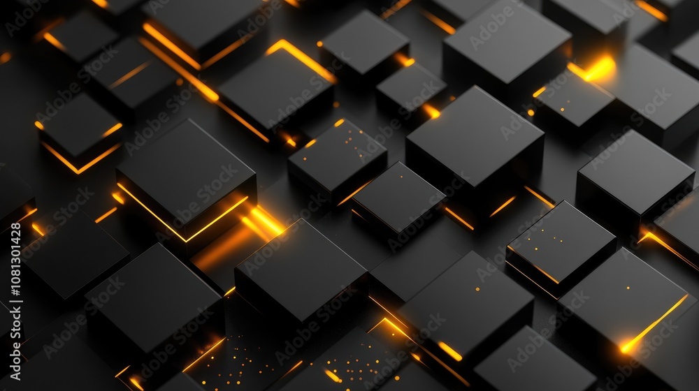 Poster abstract composition of black cubes with glowing orange highlights on a dark surface for modern tech