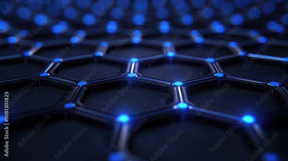 Poster abstract close-up view of a hexagonal pattern with glowing blue nodes in a dark background, represen