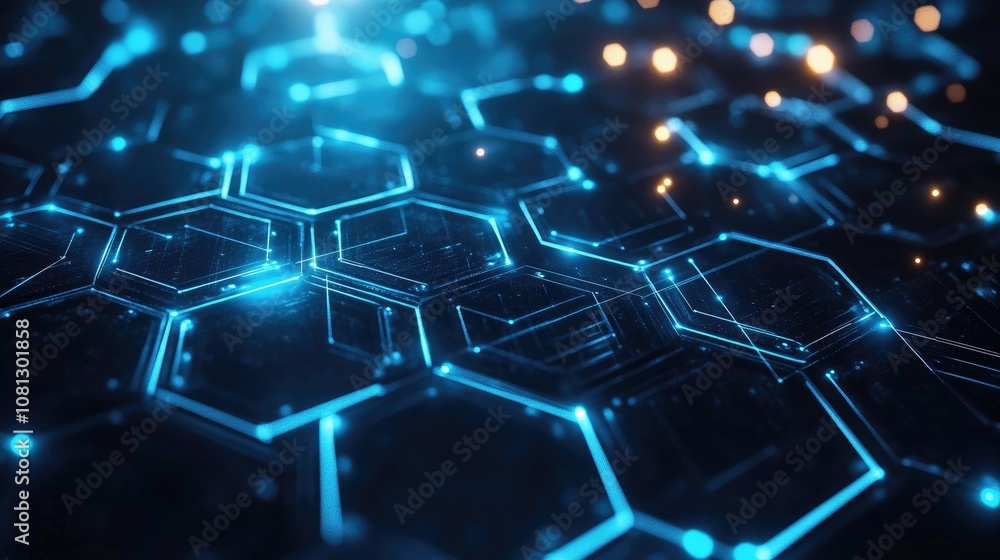 Poster futuristic abstract background with glowing blue hexagonal patterns and light effects for technology
