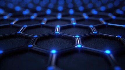 Fototapeta premium Abstract Close-Up View of a Hexagonal Pattern with Glowing Blue Nodes in a Dark Background, Representing Modern Technology and Digital Innovation Concepts