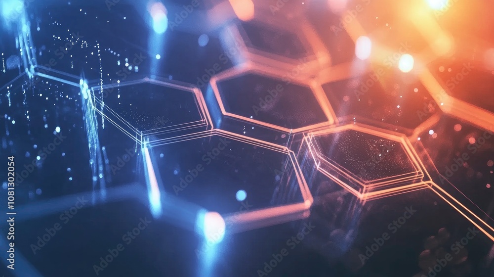 Poster abstract futuristic background with hexagonal pattern and glowing lights, ideal for technology, scie