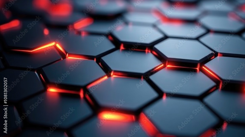 Poster abstract close-up of black hexagonal tiles with glowing red edges on a digital background, perfect f
