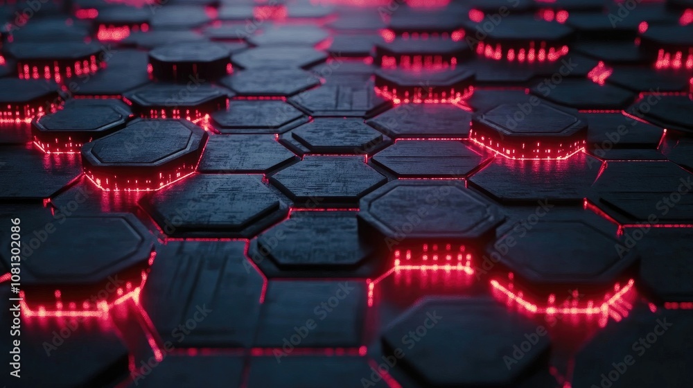 Aufkleber futuristic hexagonal pattern with glowing red lights on a dark surface, perfect for cyberpunk, techn