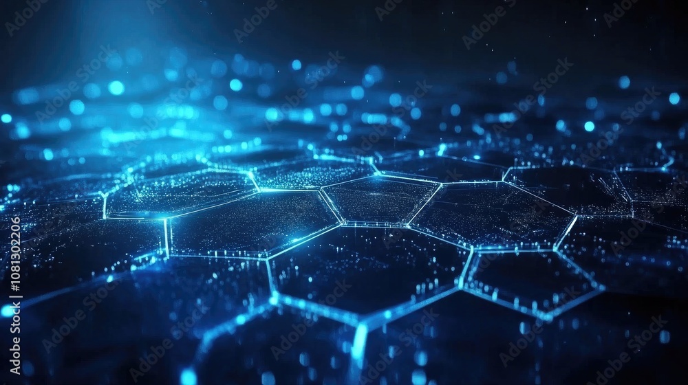 Poster futuristic digital landscape with hexagonal blue patterns and glowing particles representing technol