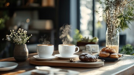 Two steaming cups of coffee on a wooden tray with pastries on a wooden table in a cafe setting.