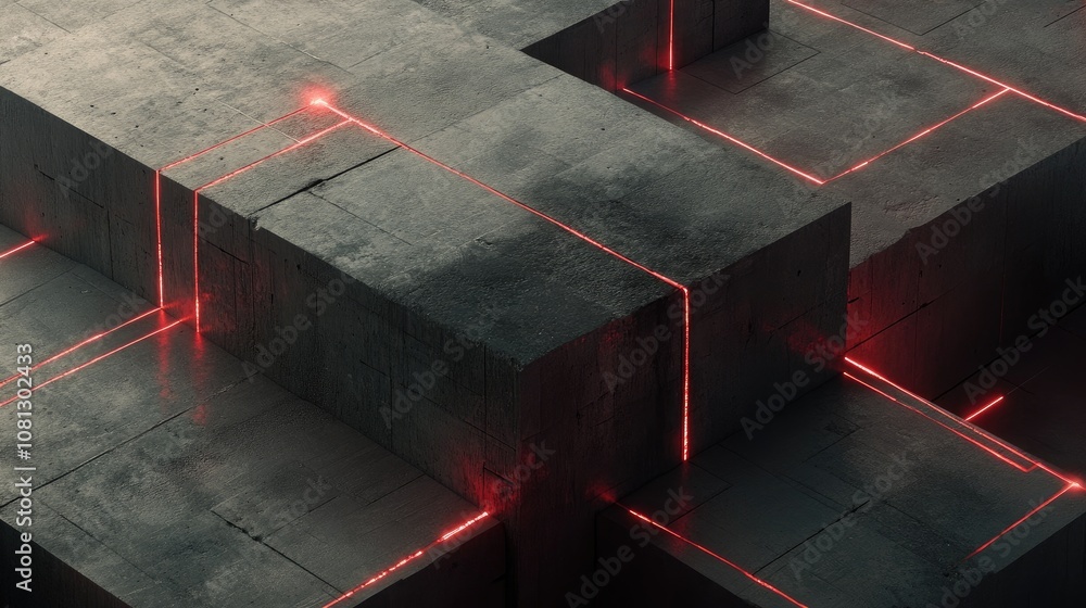 Poster futuristic abstract scene featuring illuminated geometric shapes with red lines and dark texture, id