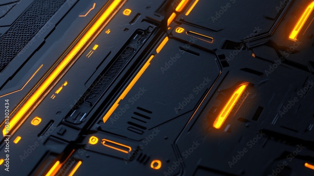 Poster futuristic black surface with orange illuminated lines and patterns for technology and design backgr