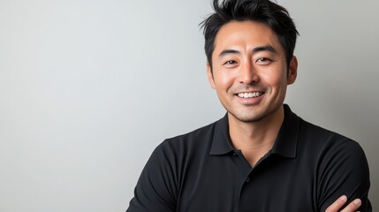 Smiling man in black polo shirt. This photo is perfect for websites, social media, and blogs, especially those related to business, success, and confidence.