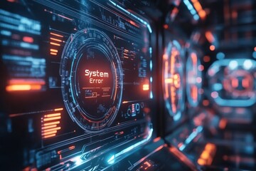 Obraz premium Futuristic digital interface with system error message in red and blue lights.