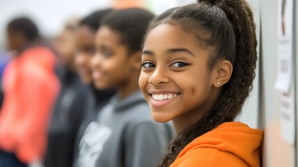 Portrait of cheerful African American teenage student smiling in school hallway with classmates blurred in background, copy space