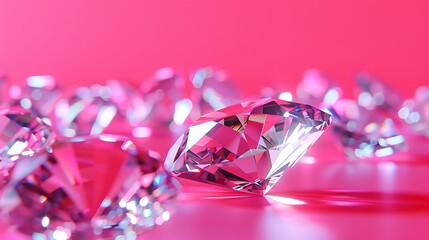 A collection of sparkling diamonds on a vibrant pink surface, showcasing their brilliance and clarity.