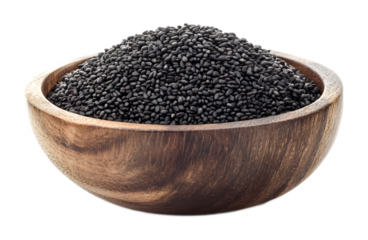 Wooden bowl of black sesame seeds on a transparent background. isolated background.