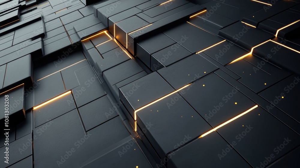 Poster abstract geometric pattern with illuminated lines on a dark textured surface, showcasing modern desi