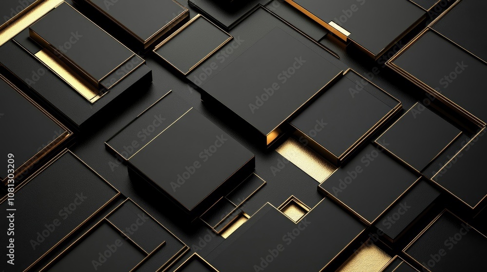 Poster abstract geometric background with black and gold elements, featuring interlocking shapes and textur