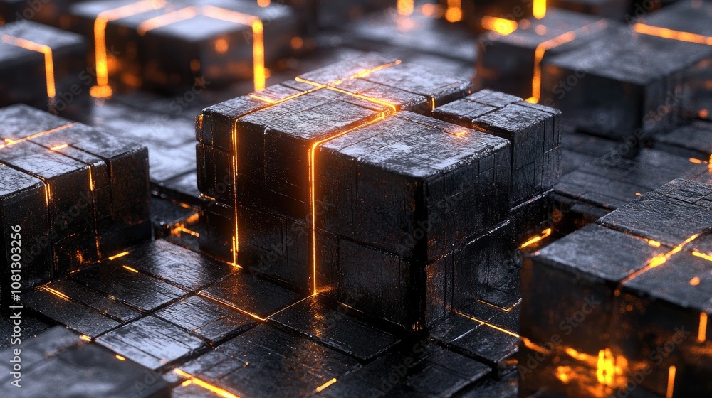 Poster futuristic abstract scene of glowing cracked metallic blocks on a textured surface in dark tones wit