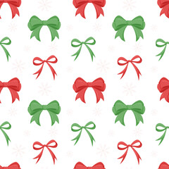Seamless pattern with various cartoon bows, isolated on white. Gift ribbon in a bow for gift wrapping. Hand drawn vector illustration with colorful bows for wrapping paper. Christmas, New Year.