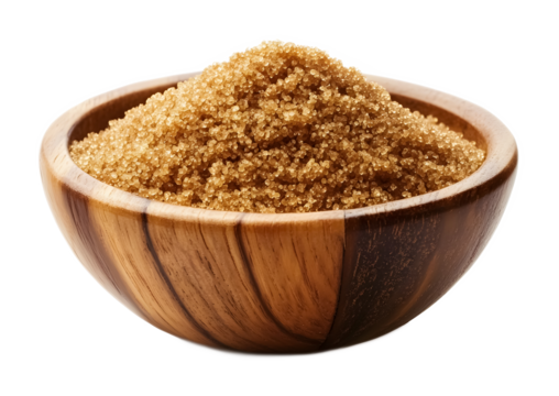 Wooden bowl of brown sugar on a transparent background. isolated background.