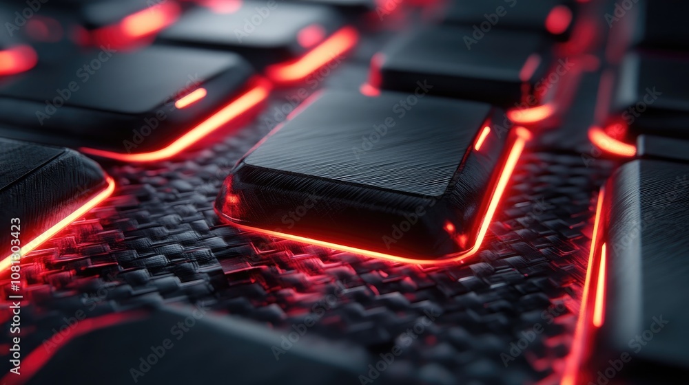 Poster close-up view of a high-tech keyboard with glowing red backlit keys on a dark textured surface, show