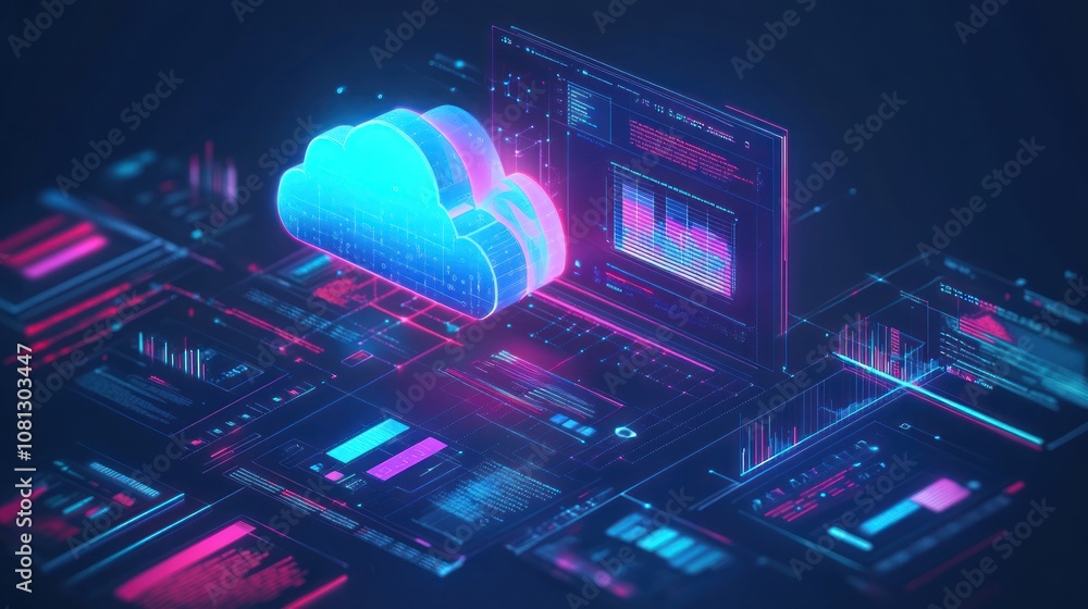 Aufkleber a 3d illustration of a blue cloud icon with a data interface in the background, symbolizing the conc