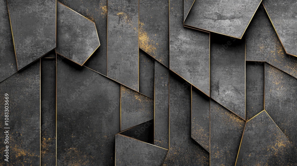 Poster textured background of abstract geometric shapes in dark gray with golden highlights for creative de