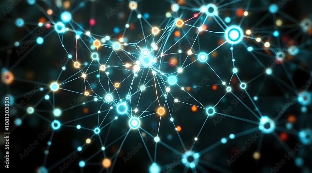 Poster mesmerizing interconnected nodes - neon glow circuit board art for data visualization