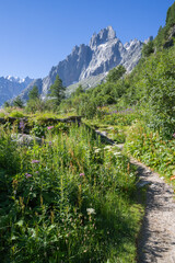 Aiguille du Grépon tower and Grand Jorasses massif from descend to Mer de Glace glacier.