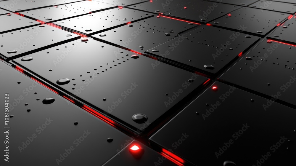 Poster abstract close-up of glossy black tiles with droplets and red illuminated lines, creating a modern a