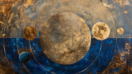 An abstract cosmic artwork featuring planets and circular patterns in gold and blue hues.