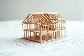 Wooden house frame model on plans. A perfect image for concepts of building, construction, and home ownership.