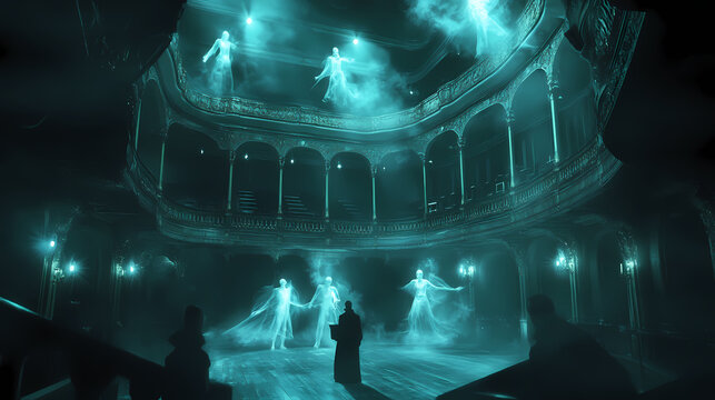 Eerie ray tracing of ghostly opera house interior with haunting performers and flickering lights. Phantasm. Illustration