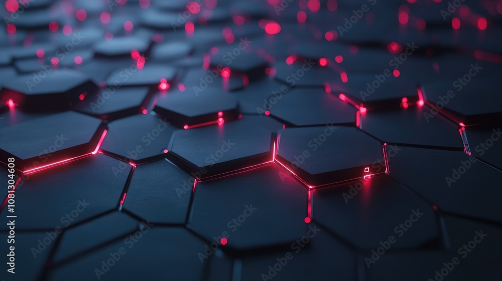 Poster futuristic hexagonal background with neon red lights and dark textures for technology and innovation