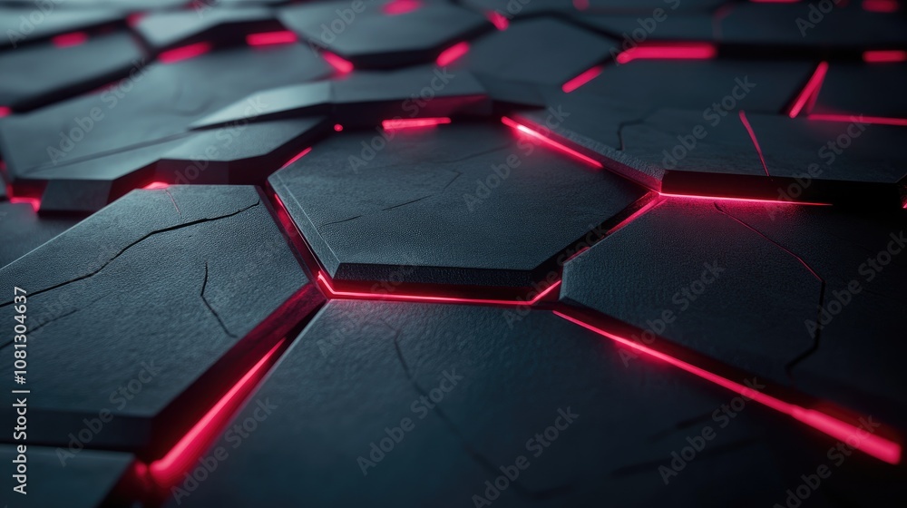 Poster abstract dark background with glowing neon pink lines highlighting hexagonal tiles creating a futuri