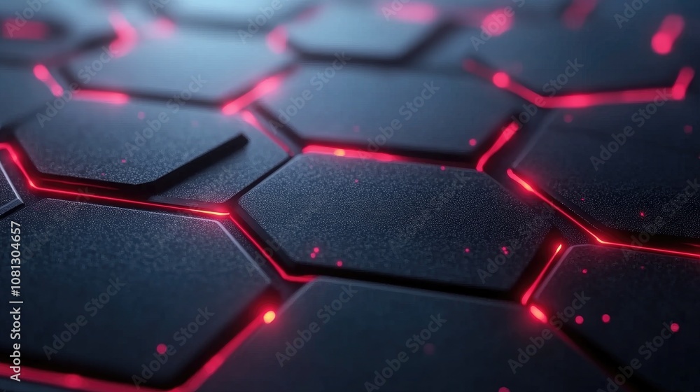 Poster futuristic hexagonal texture with glowing red lines and dark surface perfect for technology, science