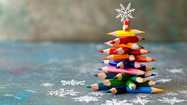 Colorful pencil christmas tree with snowflake on top and festive background for a creative holiday season and new year celebration